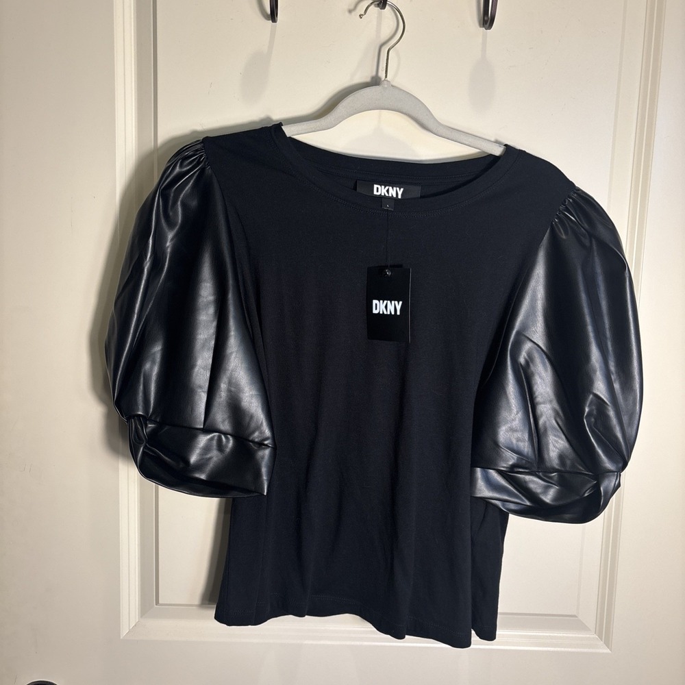 NEW DKNY Faux Leather Puff Sleeve Cotton Blend Pullover Top Size Large Black
